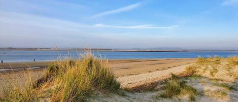 Una platja amb dunes de sorra i mar tranquil·la.