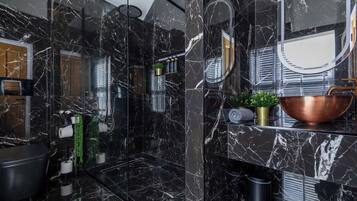 Shower, hair dryer, shampoo