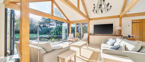 Smart-TV, Kamin, Bücher, Stereoanlage