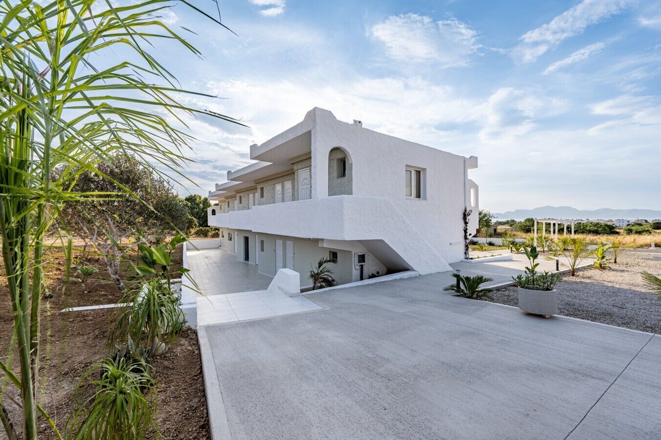 Un edificio moderno de color blanco con techo plano, camino de hormigón y un jardín ajardinado con plantas pequeñas y una palmera.