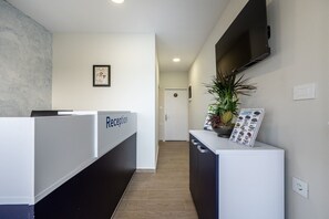 Een receptiegedeelte met een receptiebalie, een potplant, een ingelijste foto aan de muur en een deur op de achtergrond.