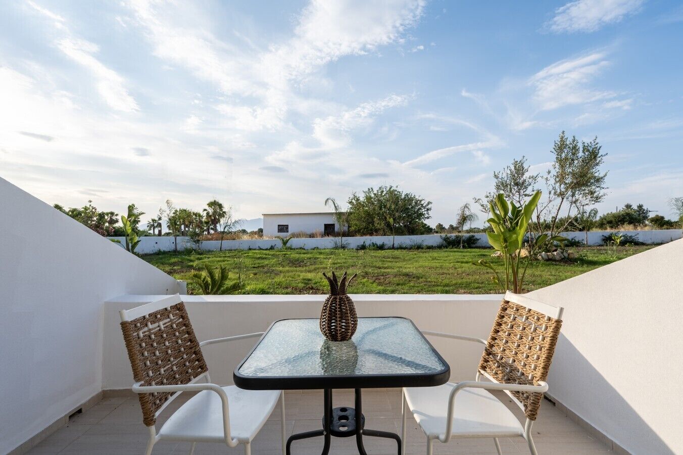An outdoor patio with a glass table and two wicker chairs, a pineapple centerpiece, and a view of a grassy field and distant buildings.