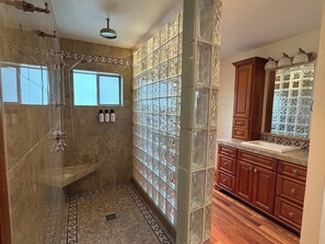 Hair dryer, bidet, towels, soap
