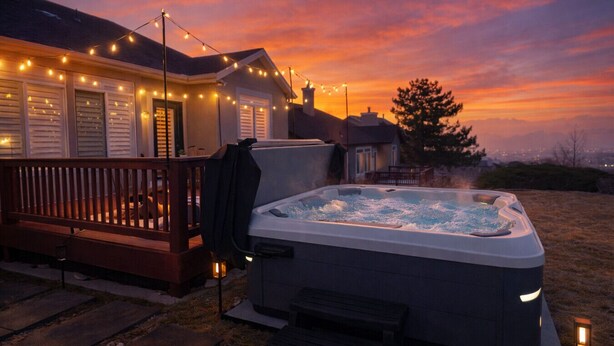 A hot tub on a patio with string lights, a wooden deck, and a house with shutters. - Family Entertainment | Hot Tub, Sauna & Game Room (Draper)