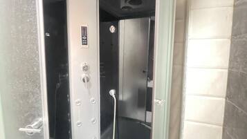 Hair dryer, bidet, towels, soap