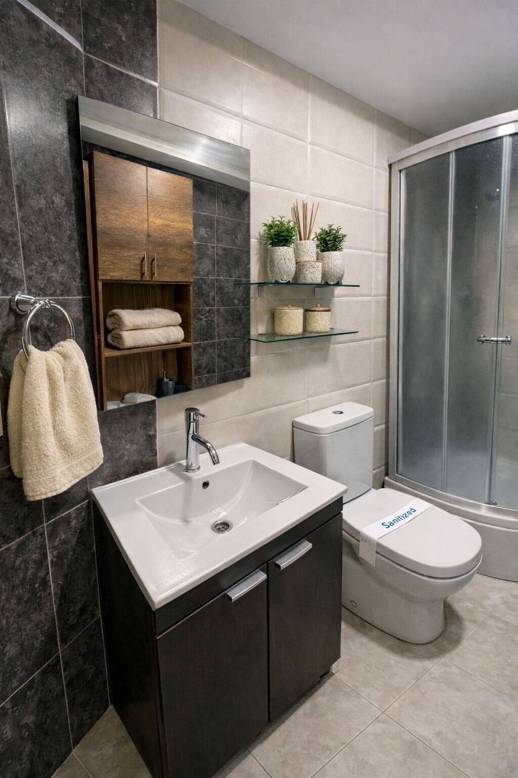 Bidet, towels, soap, toilet paper