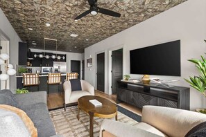 TV, fireplace, books