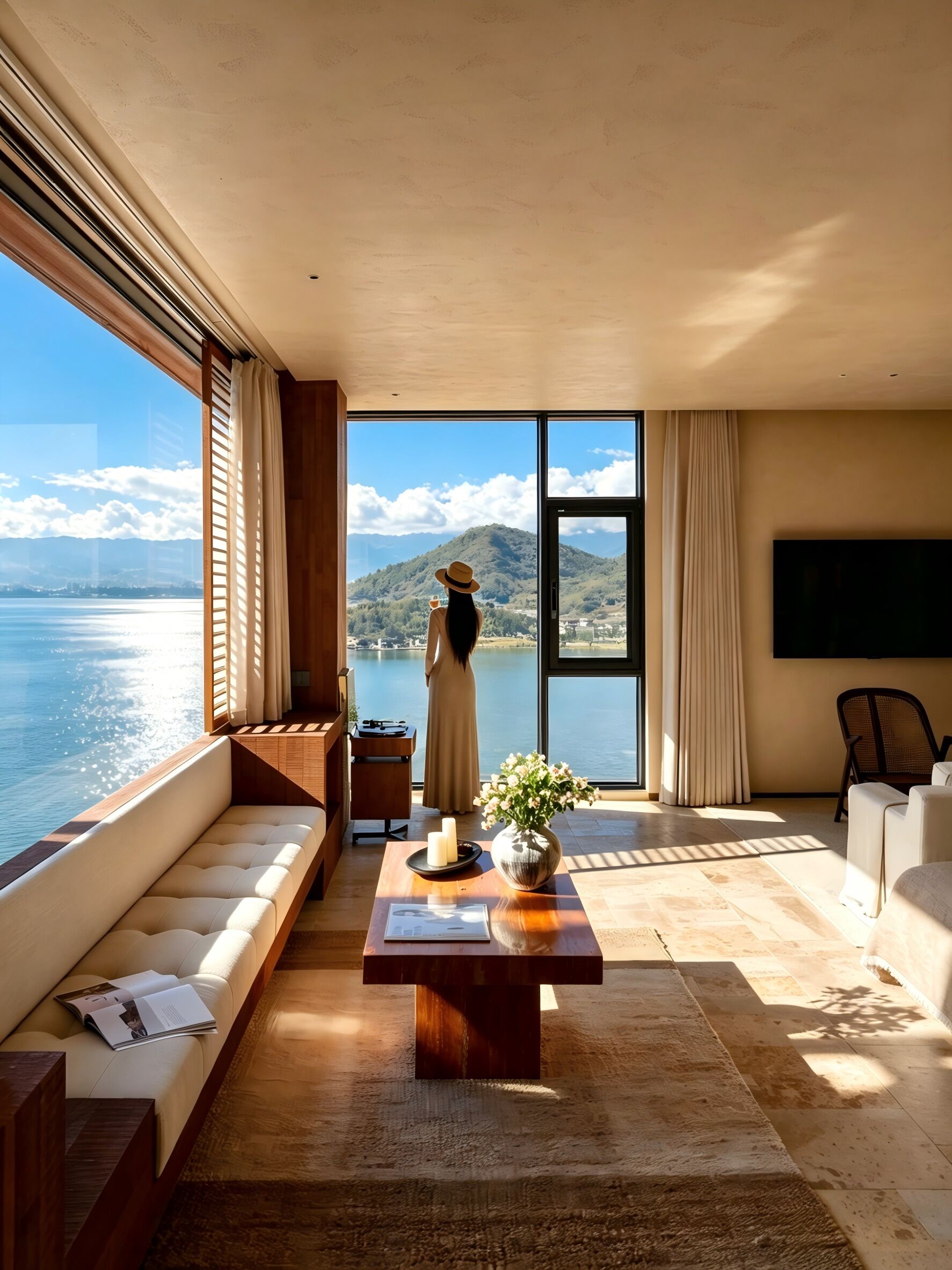 Un salon spacieux doté d’une grande fenêtre donnant sur un lac et des montagnes, d’un canapé, d’une table basse agrémentée d’un vase de fleurs et d’un téléviseur à écran plat fixé au mur.