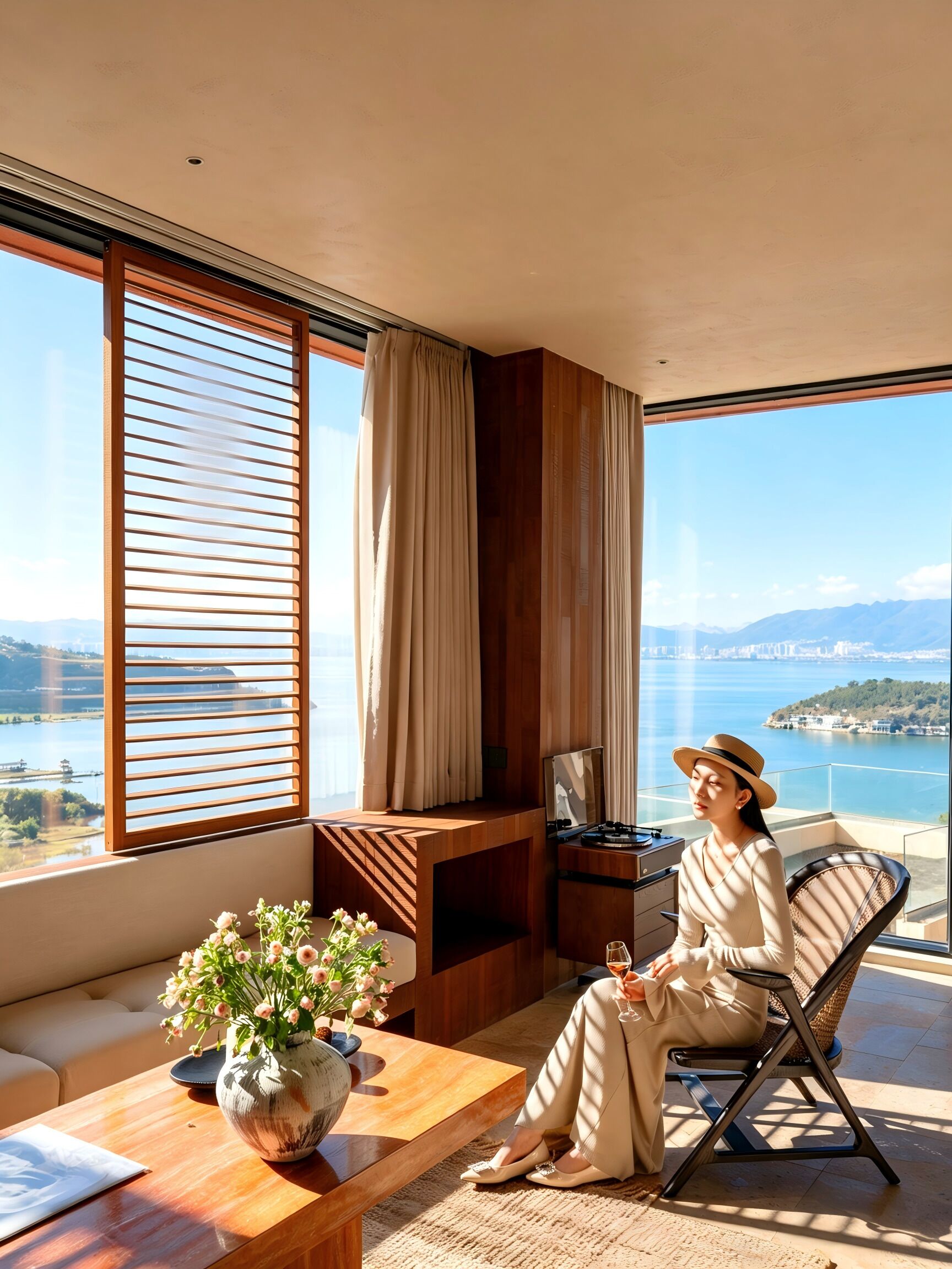 A room with a large window, a wooden table with a vase of flowers, a chair, and a person sitting.