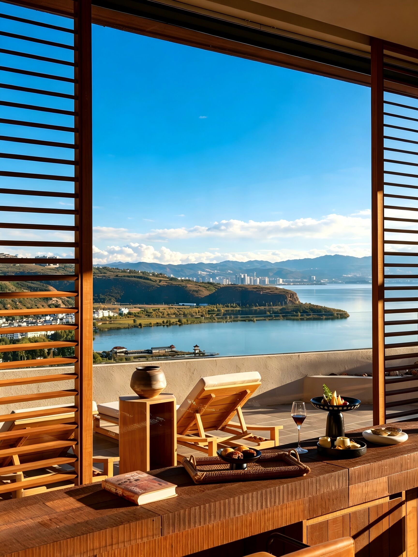 A wooden deck with a view of a lake and mountains, a lounge chair, a table with a book, and a decorative bowl.