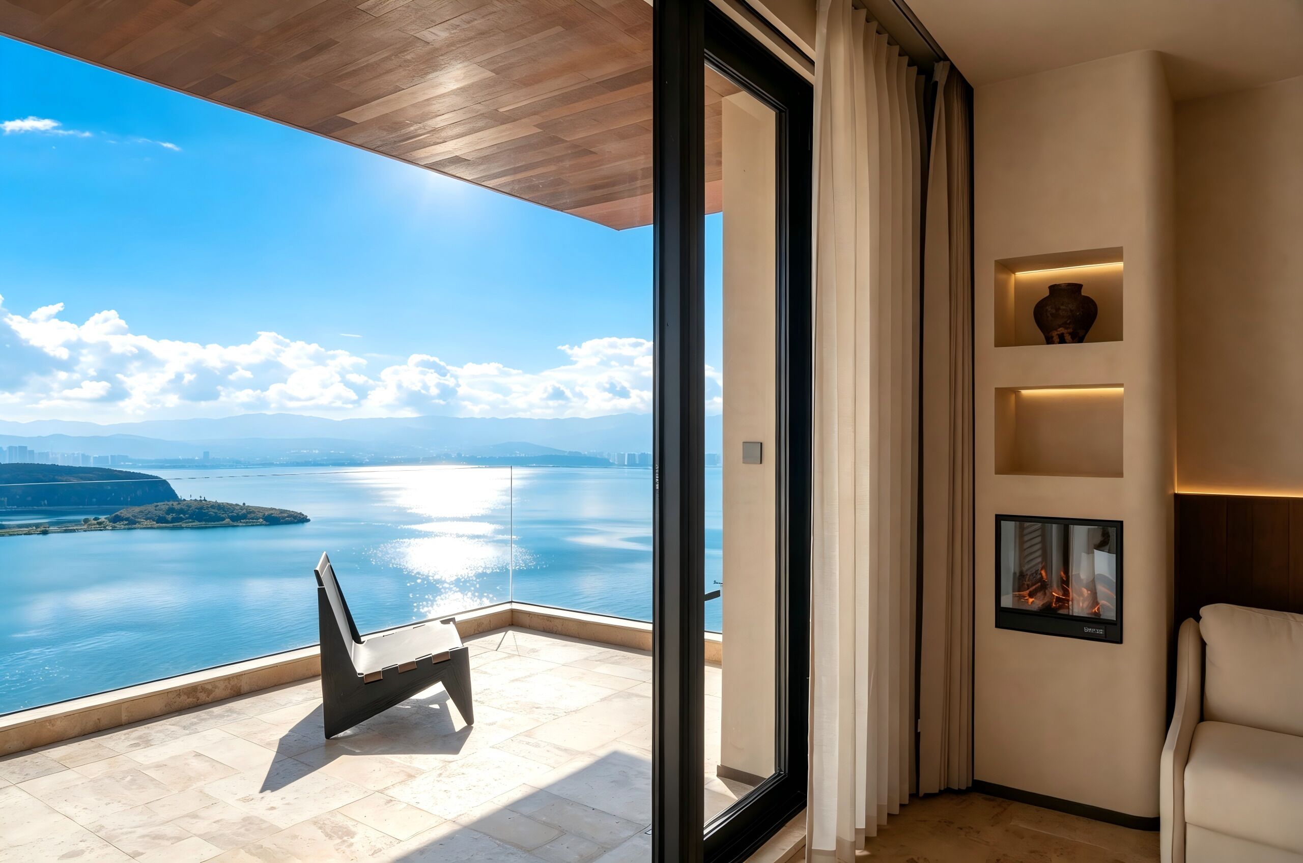 A balcony with a view of a body of water and distant land, a modern interior with a sofa and wall-mounted shelves, and a large window.
