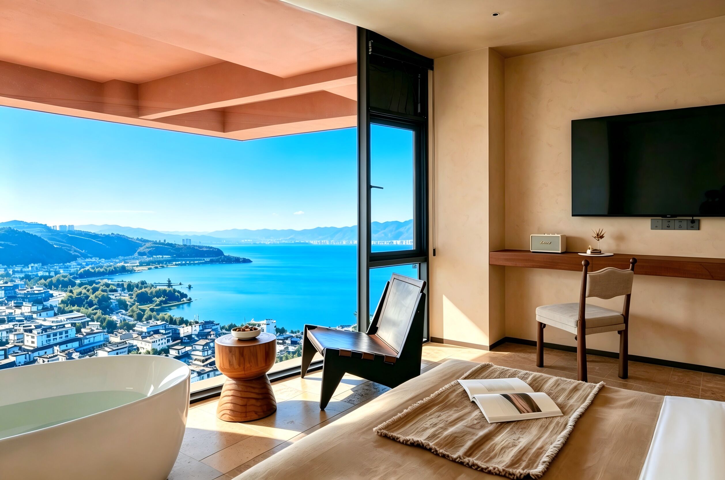 A modern room with a large window, a bathtub, a chair, a TV, and a small table.