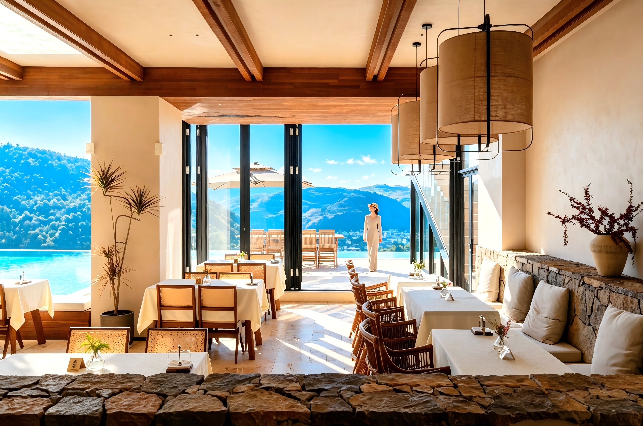 A spacious room with a large window overlooking a mountainous landscape, furnished with tables and chairs.