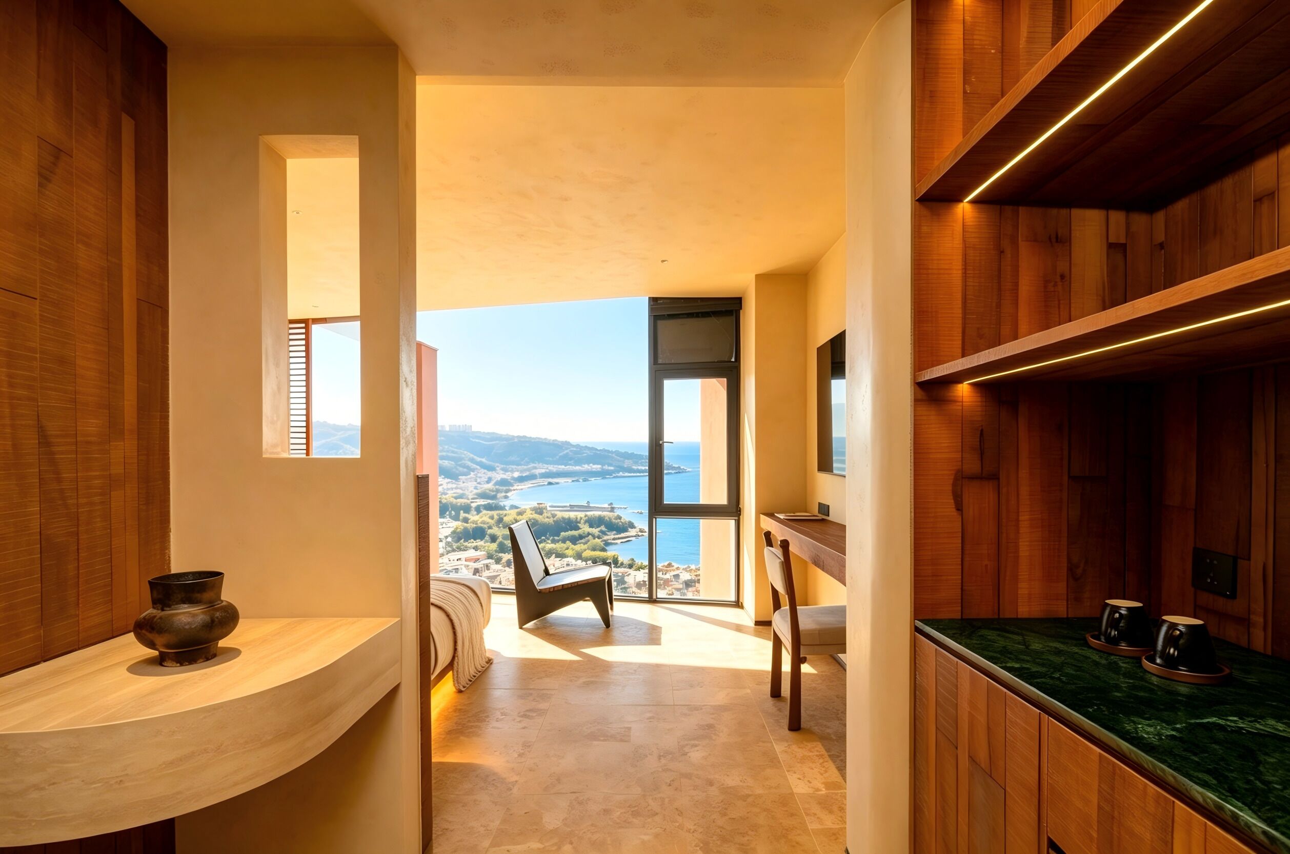 Ein modernes Interieur mit Blick auf eine Küstenlandschaft, eine gewölbte Holztresen und eine Sitzecke mit Aussicht.