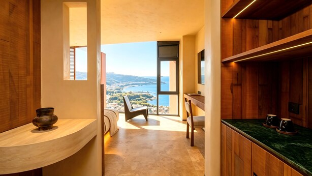 Un interior moderno con vistas a un paisaje costero, una barra de madera curvada y una zona de estar con vistas.