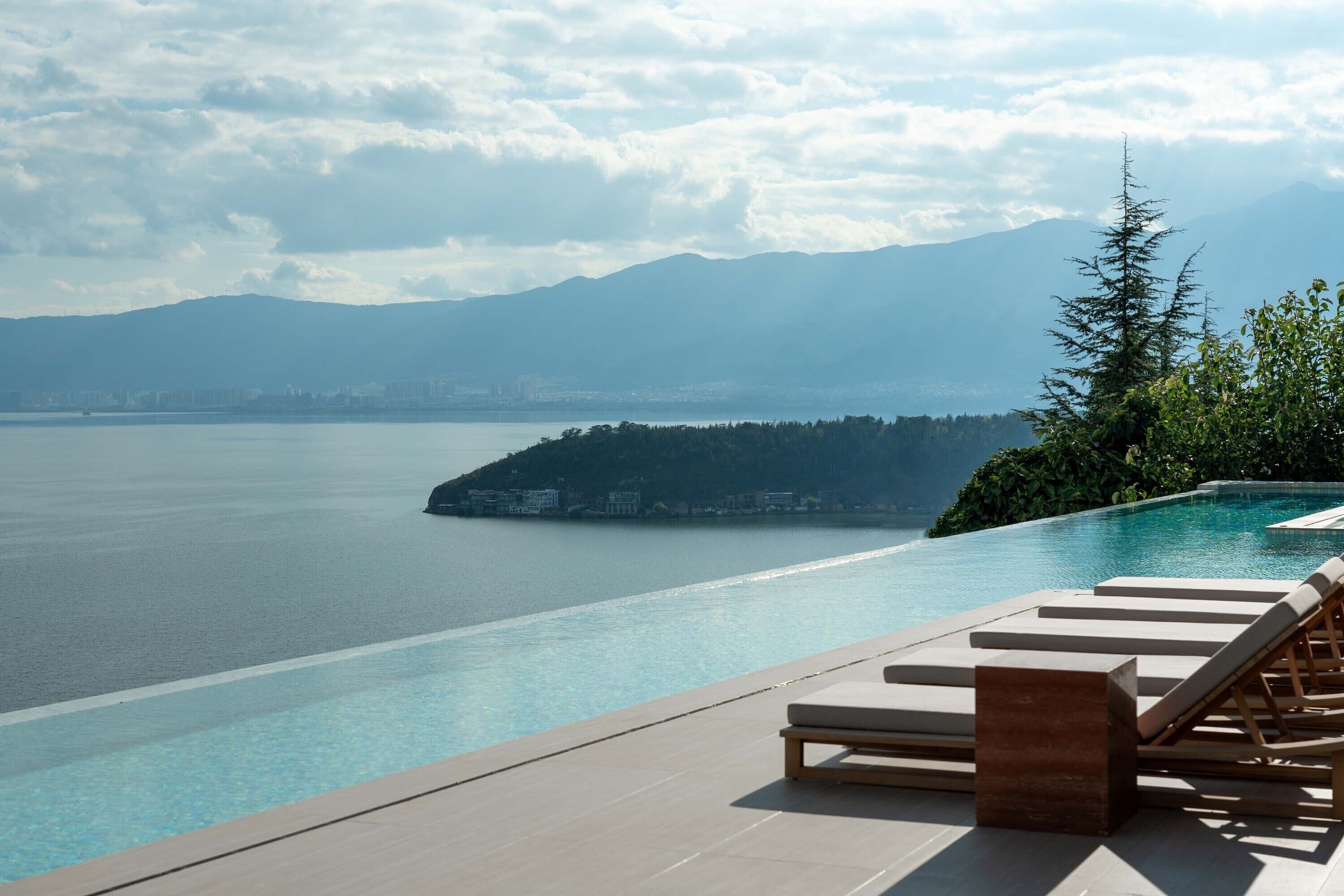 Outdoor pool, pool umbrellas
