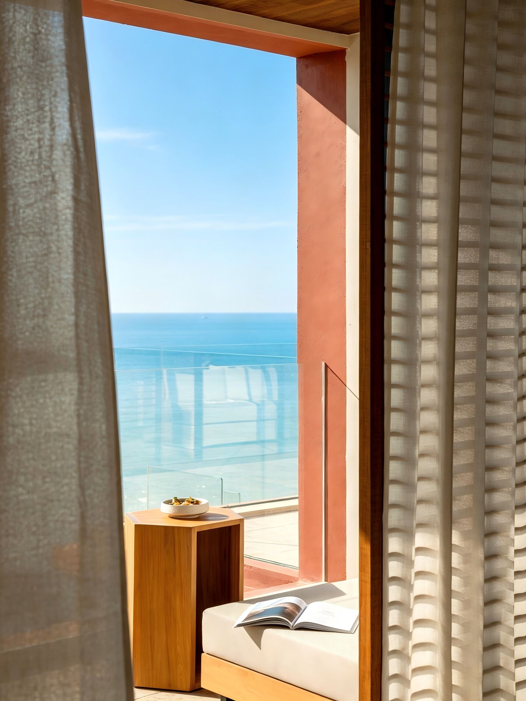 A balcony with a view of the sea, a small table with a bowl, and a window with curtains.