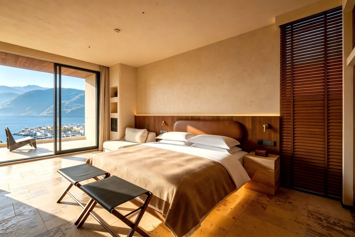 Suite panoramique, patio, vue sur la mer | Minibar, bureau, espace de travail pour ordinateurs portables