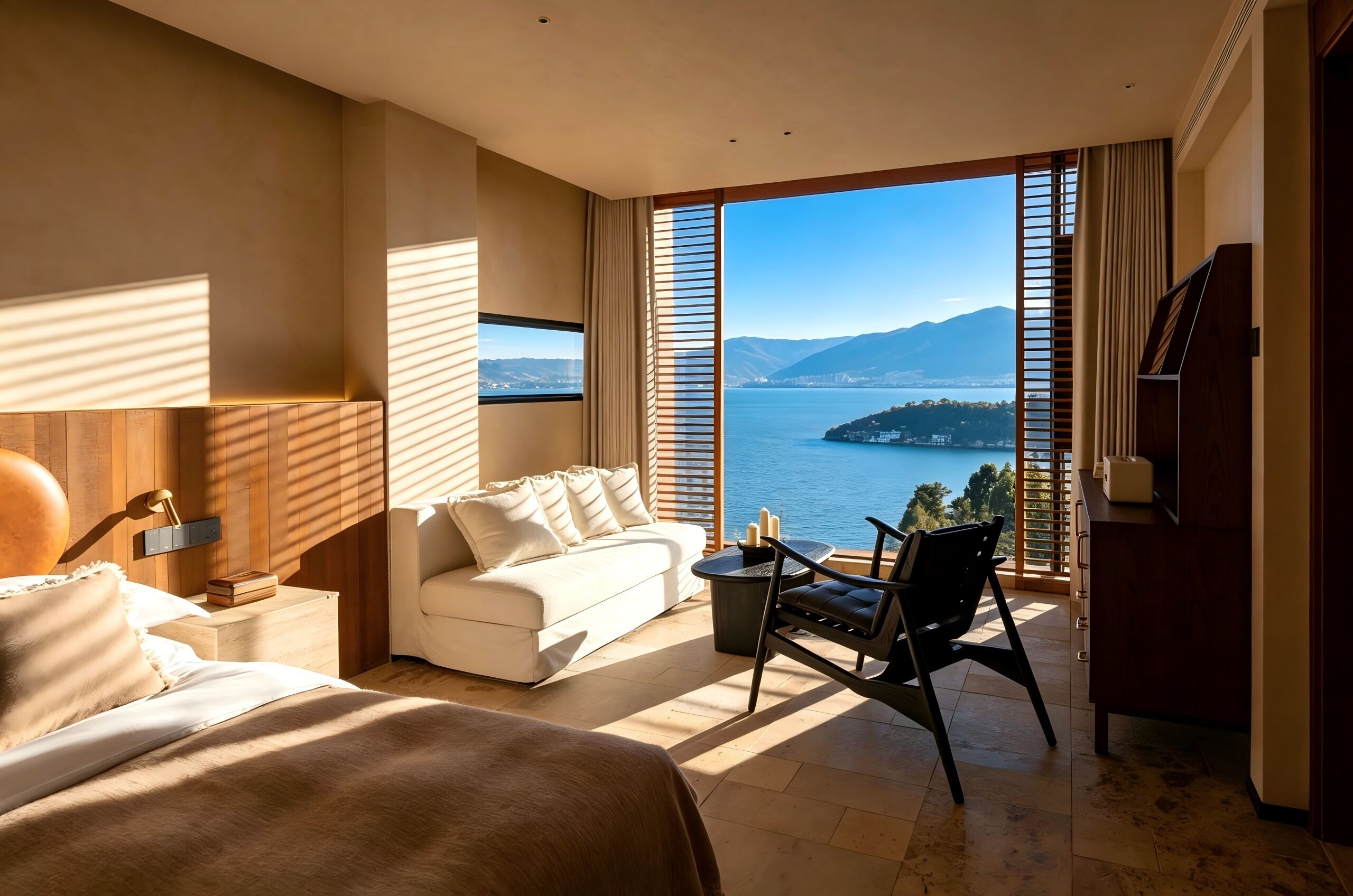 Habitación de hotel con cama, sofá, sillón, una mesita y vista al mar.