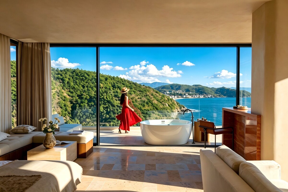 Suite supérieure, patio, vue sur la mer | Minibar, bureau, espace de travail pour ordinateurs portables