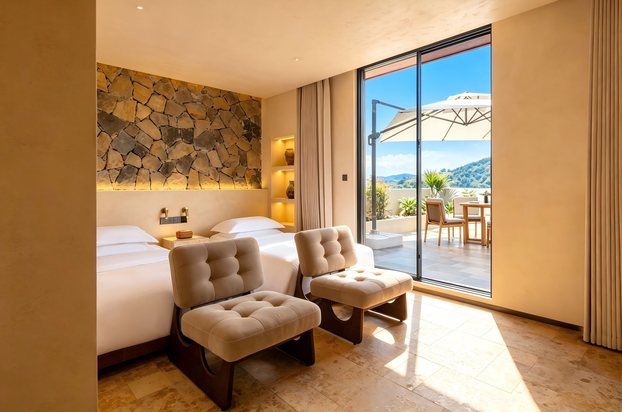 A hotel room with a bed, two armchairs, a stone wall, a large sliding glass door leading to an outdoor area with a table and chairs.