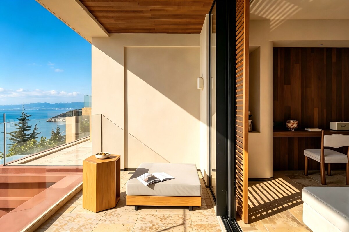 Chambre classique double, patio, vue sur la mer | Minibar, bureau, espace de travail pour ordinateurs portables