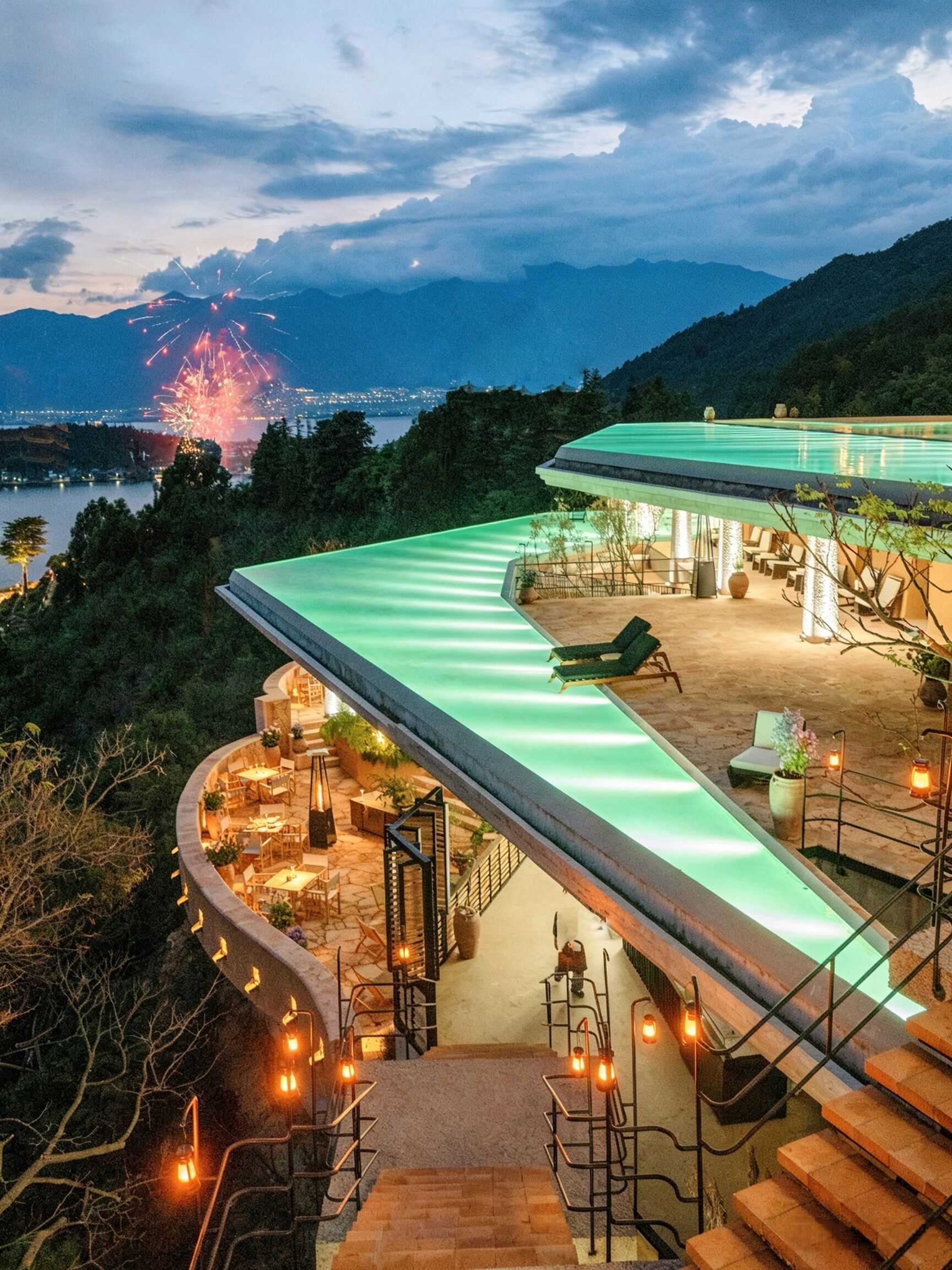 A rooftop terrace with a curved glass barrier, outdoor seating, and a view of a mountainous landscape.