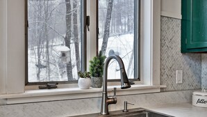 Eine Küche mit einem Edelstahl-Spülbecken, einem Fenster mit Blick auf Bäume und Schnee sowie einem Blumentopf auf der Fensterbank.