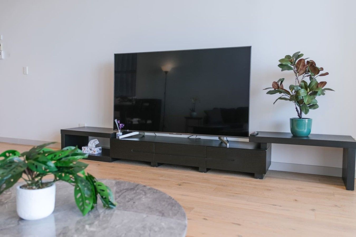 A modern living room with a flat-screen TV on a black stand, a small white side table with a plant, and a grey round coffee table.