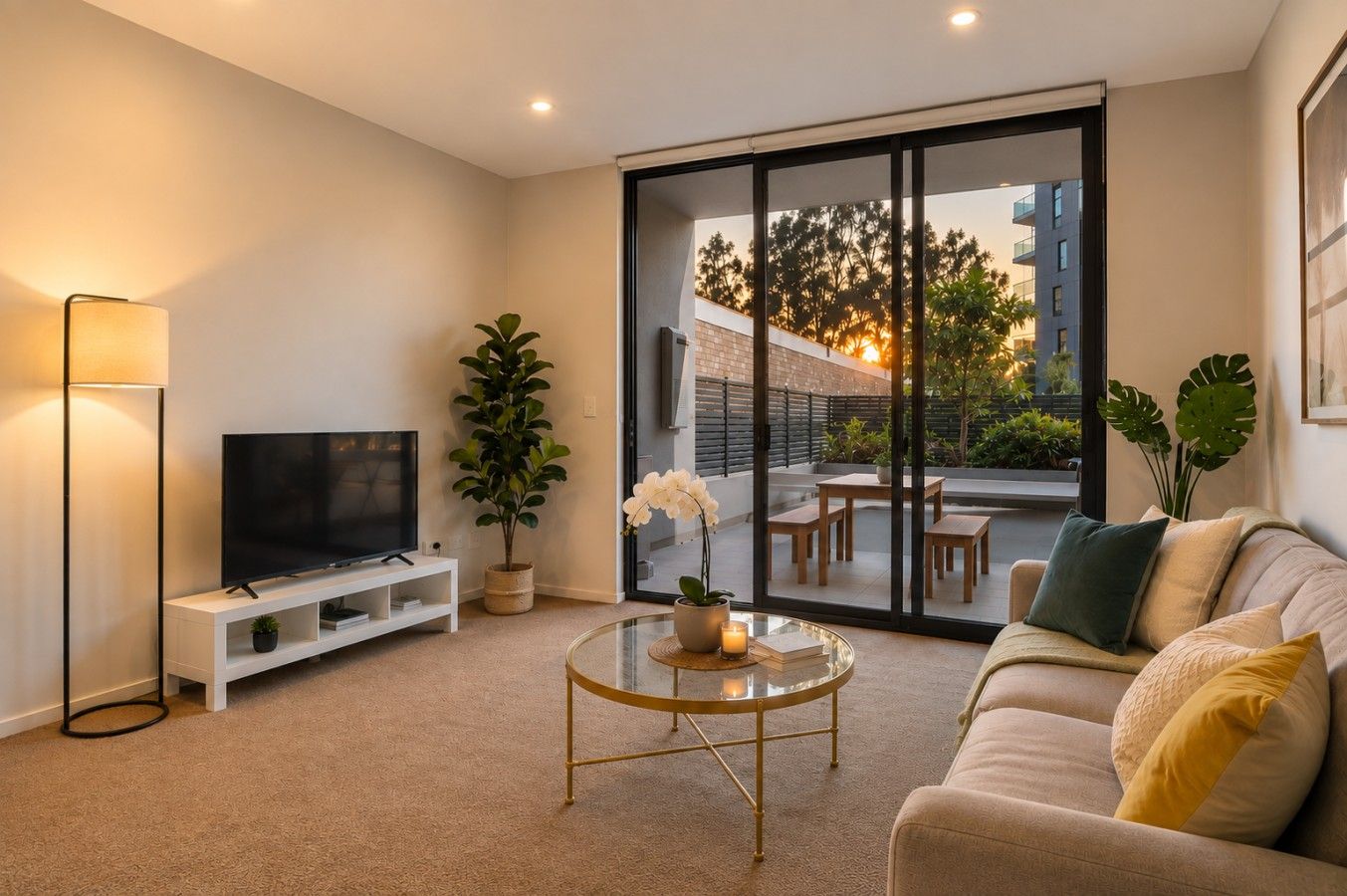 A modern living room with a flat-screen TV, a glass coffee table, a sofa, and a sliding glass door leading to an outdoor patio.