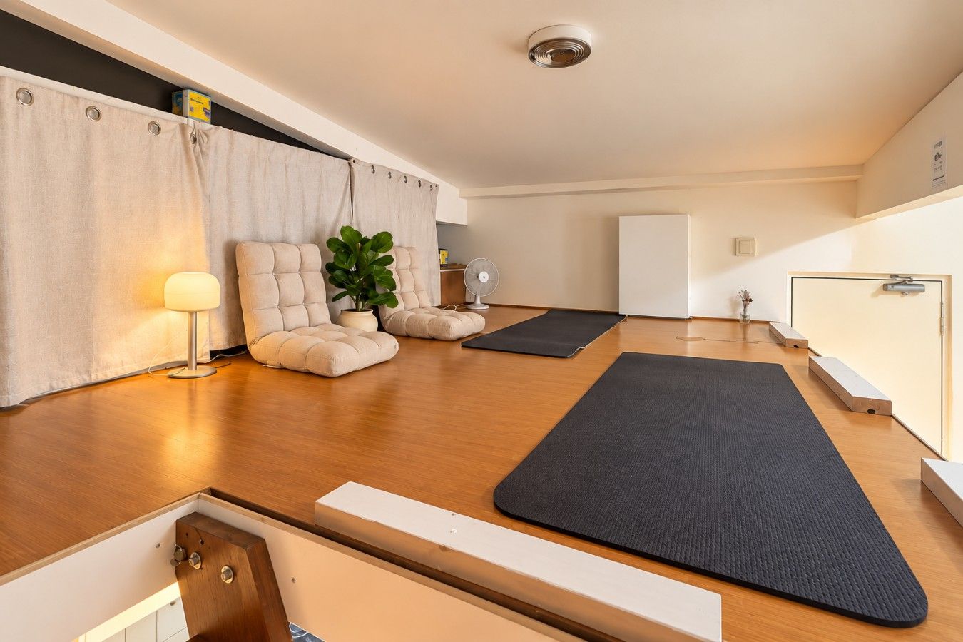 A room with a wooden floor, two cushioned chairs, a potted plant, a standing fan, and a large exercise mat.