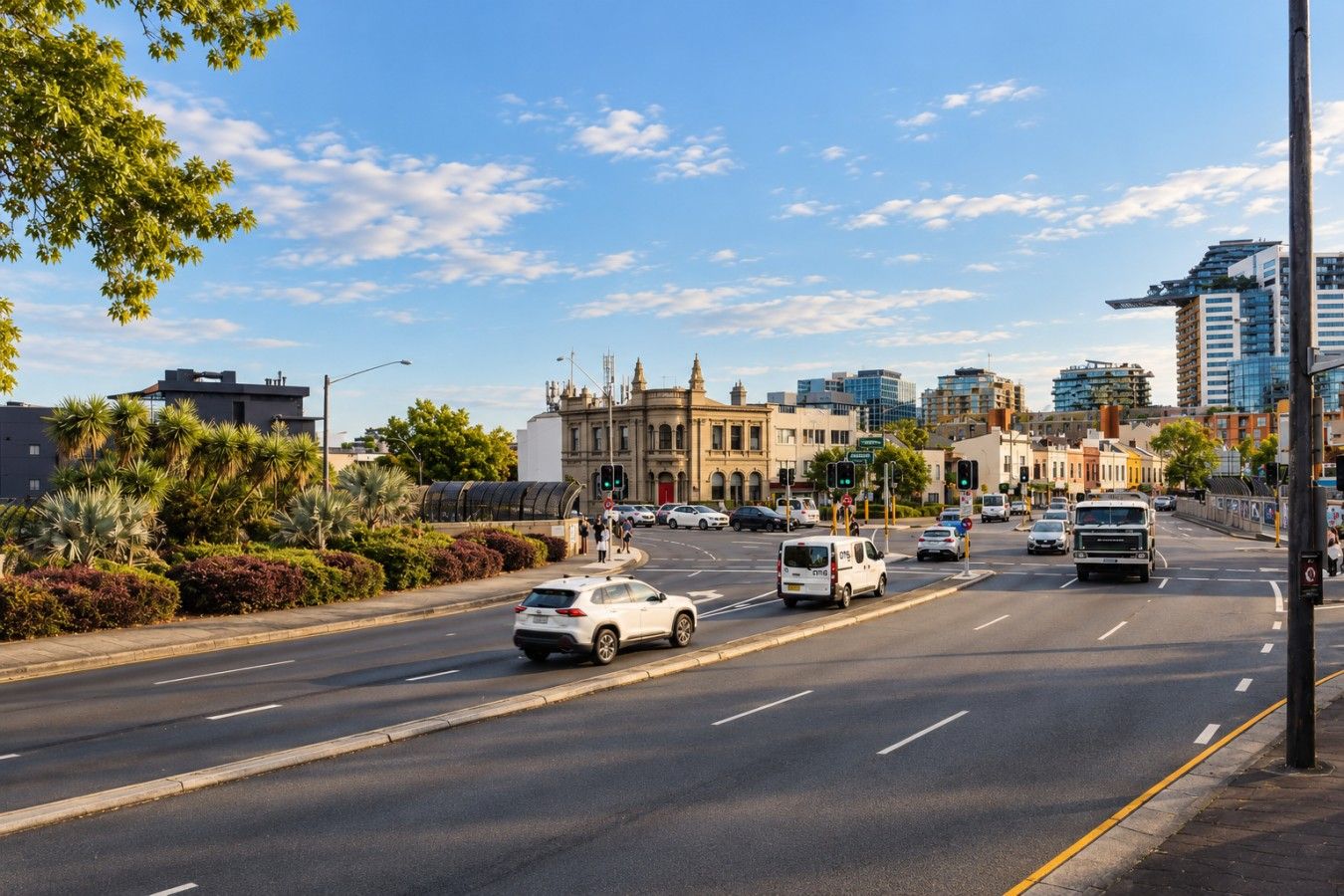Rua urbana com edifícios, carros e céu aberto.