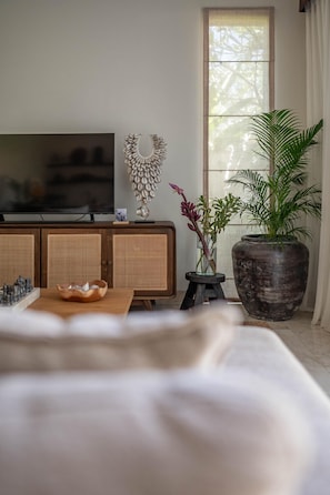 A living room with a television, wicker furniture, a large potted plant, and a decorative wall piece. - Villa Athena One - Where Romance Meets Relaxation (Denpasar)