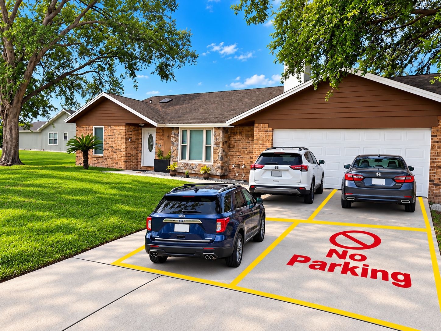 A residential driveway with a 'No Parking' sign, two cars parked, and a house with a garage.