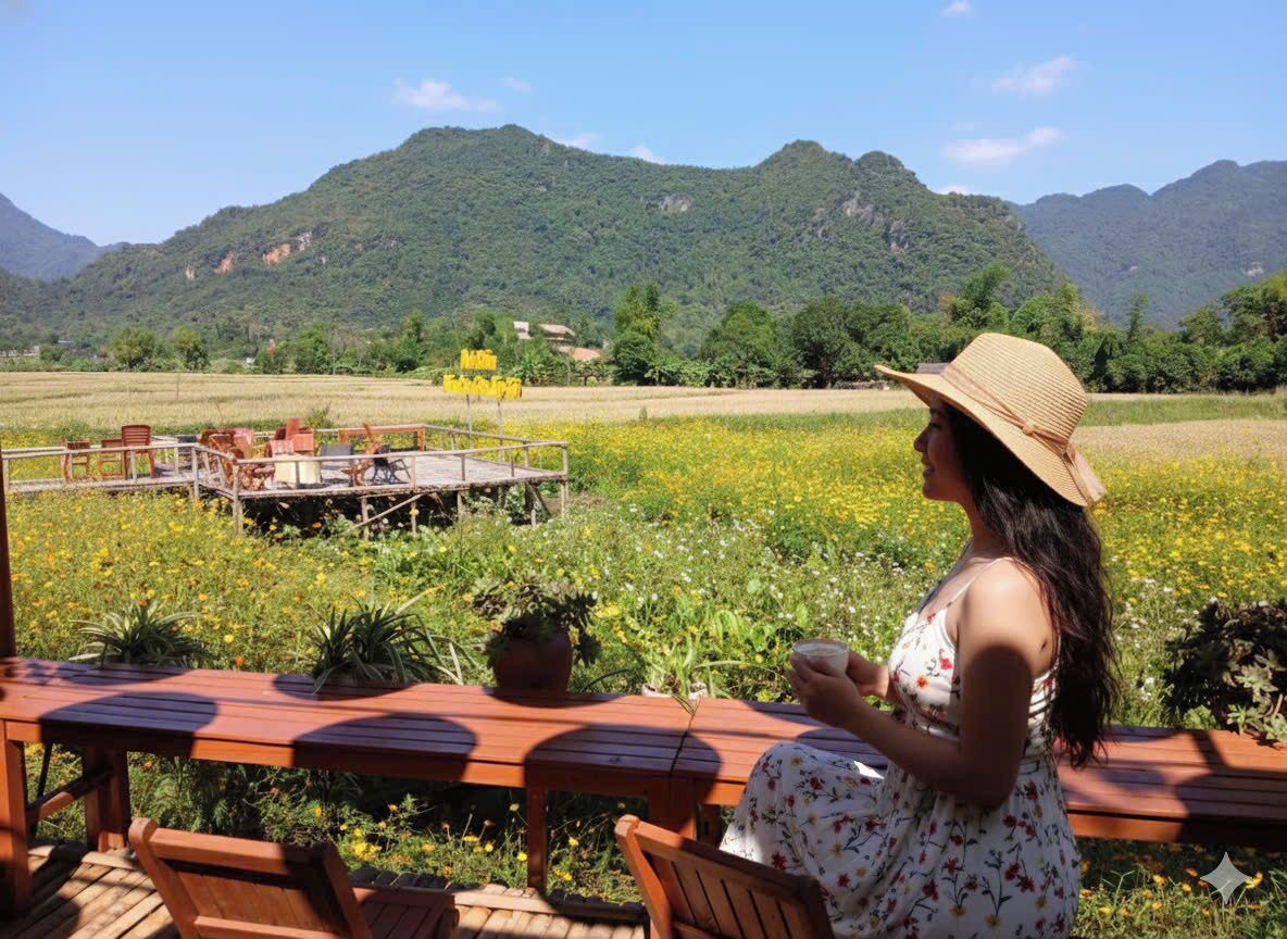 A woman sitting at a wooden table outdoors with a view of a field and mountains in the background.