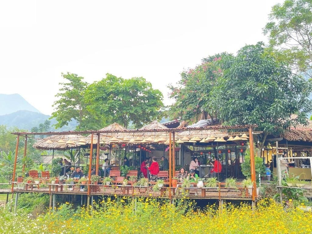 A rustic outdoor restaurant with wooden tables and thatched roofs, surrounded by lush greenery and yellow flowers.