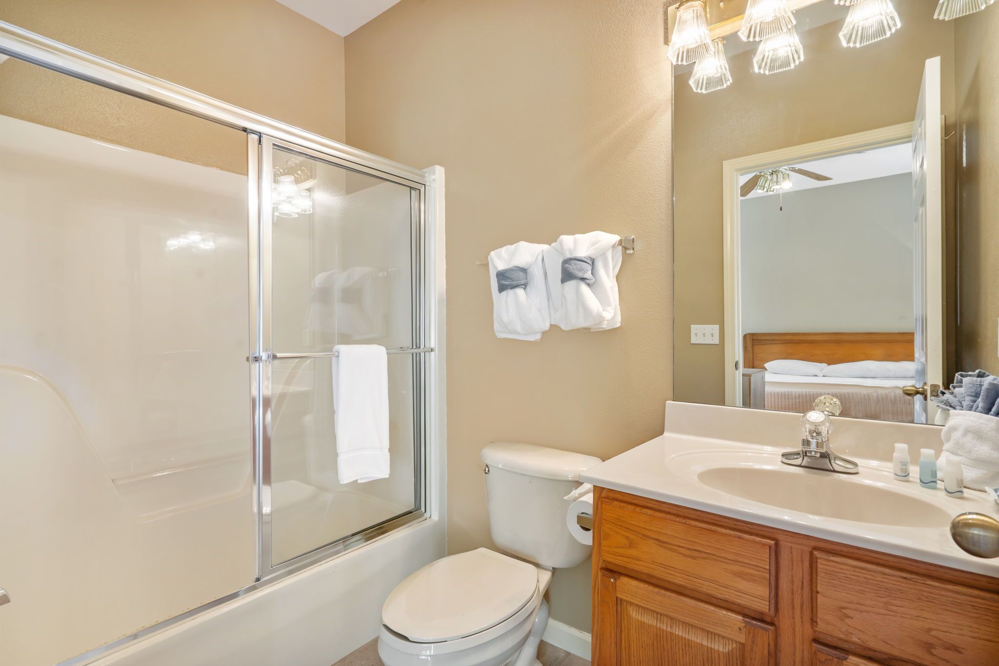 A bathroom with a glass shower enclosure, a toilet, and a vanity with a mirror.