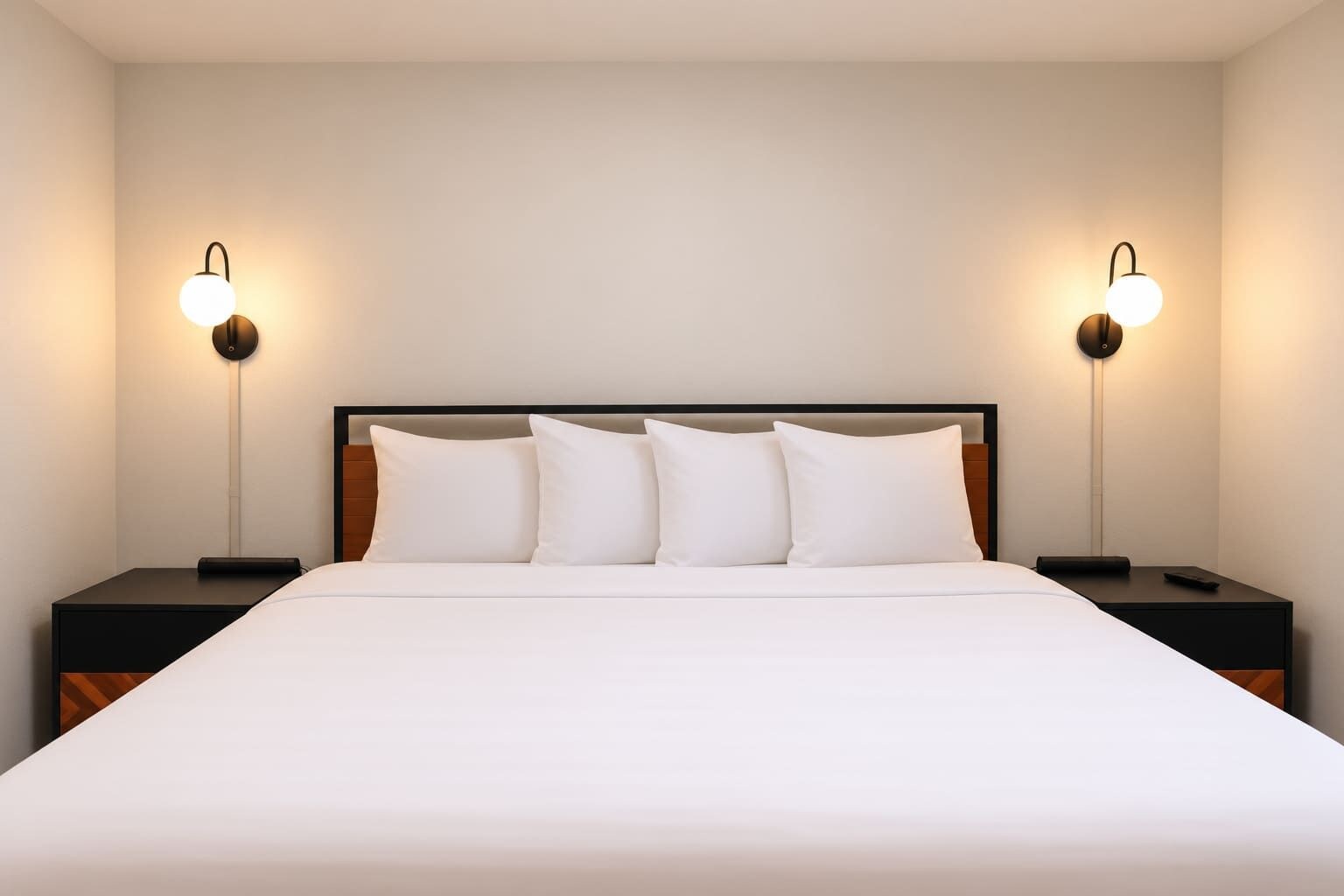 Ein Hotelzimmer mit einem großen Bett, zwei Nachttischen und zwei Wandlampen.