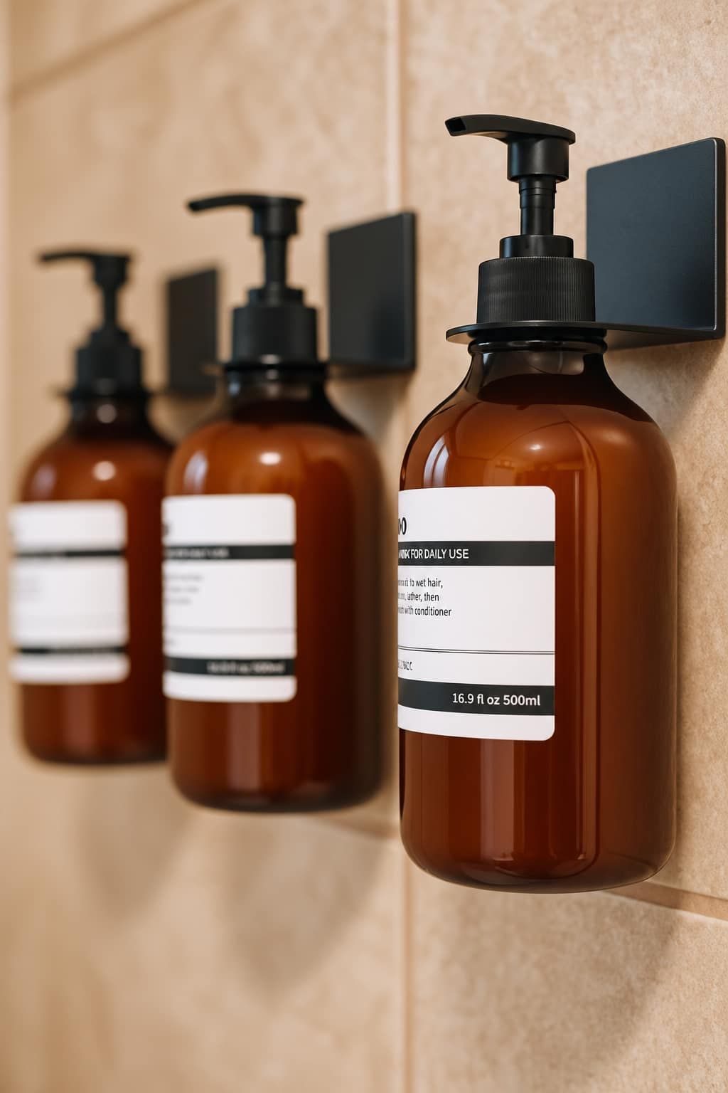 A row of brown bottles with pump dispensers, each with a label indicating they are for daily use.