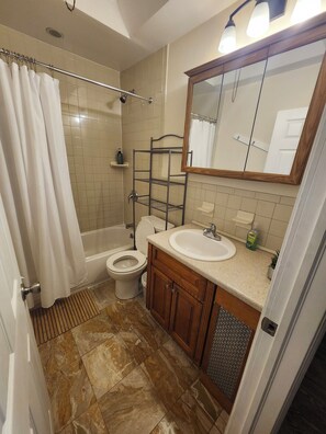 Hair dryer, towels, soap, toilet paper