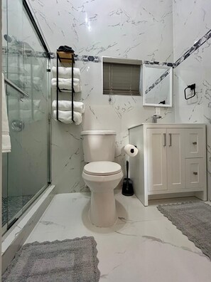 Un baño con inodoro, ducha, lavabo y espejo.