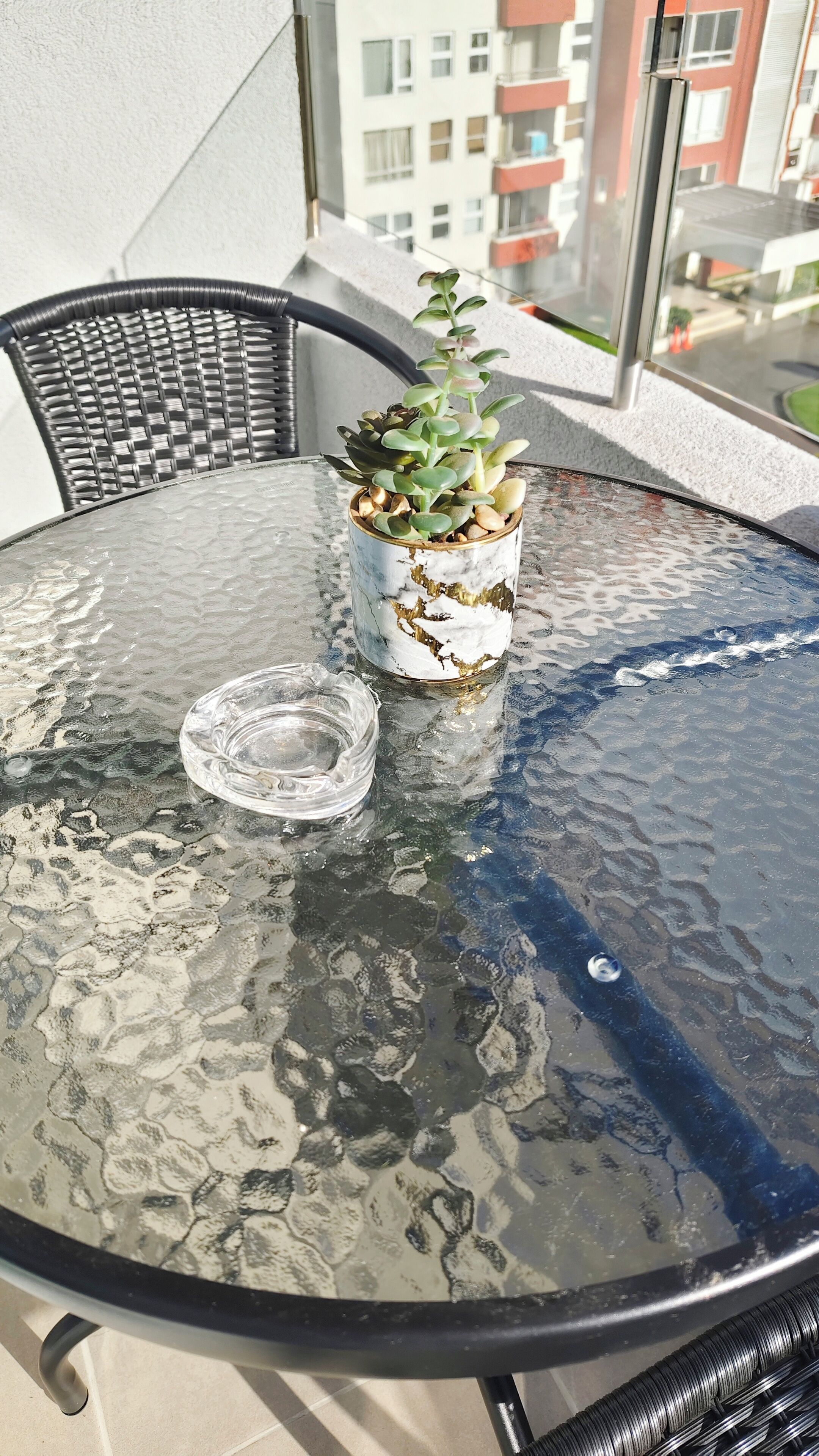 A round glass table with a potted succulent and a clear glass ashtray.