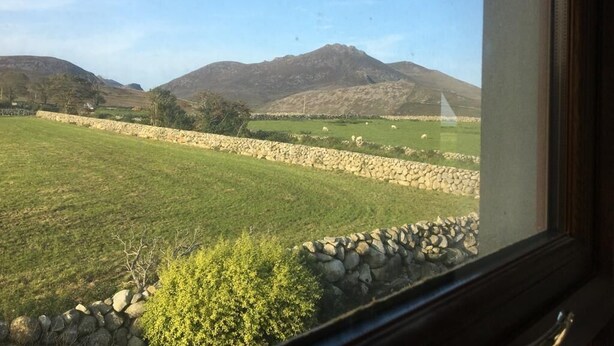 A view from a window overlooking a green field with a stone wall and a mountain in the distance. - Binnian View Apartment - Sleeps 4 (Newry)