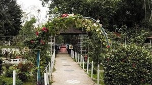 A pathway leading to a structure with a decorative archway, surrounded by greenery and a fence. - Almas Hotel Sylhet  (Sylhet)