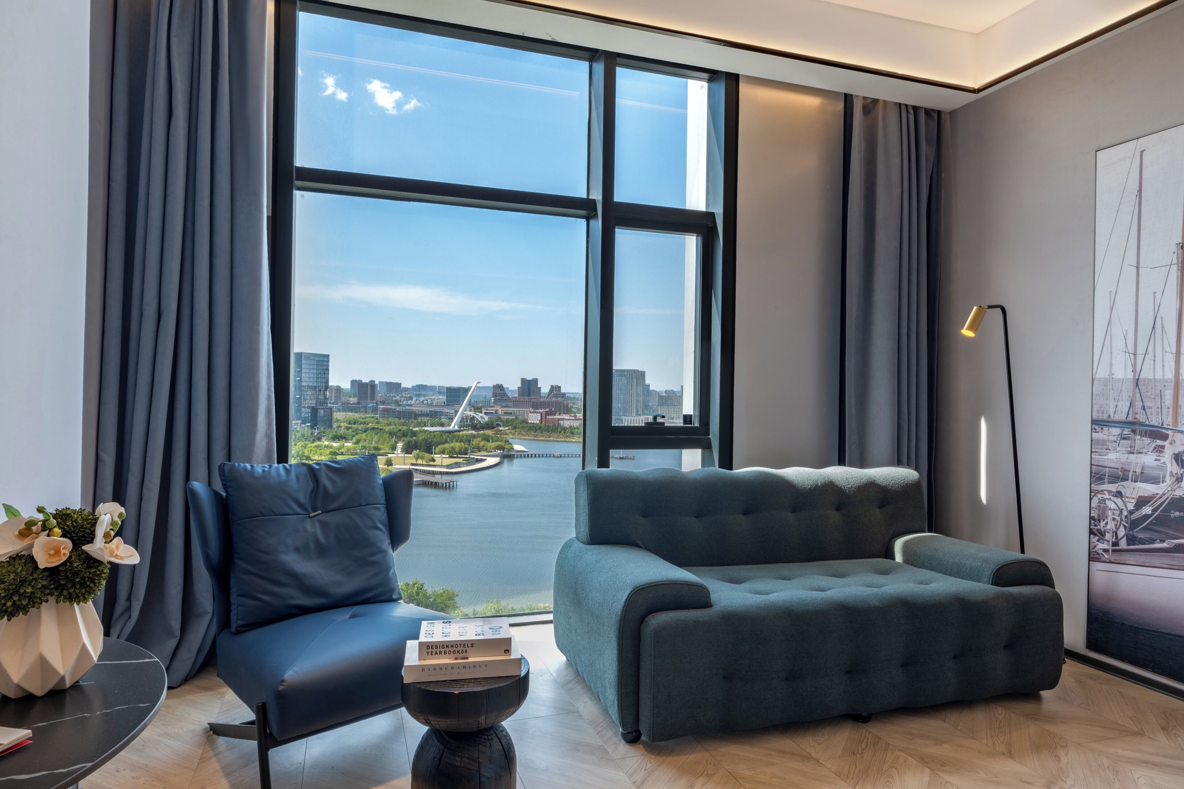 Desk, laptop workspace, blackout drapes, soundproofing