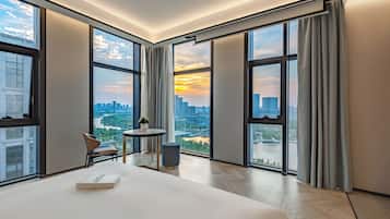 Desk, laptop workspace, blackout curtains, soundproofing