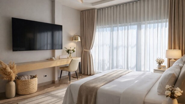 Una habitación de hotel moderna con una cama grande, un escritorio, un televisor de pantalla plana y un amplio ventanal con cortinas.