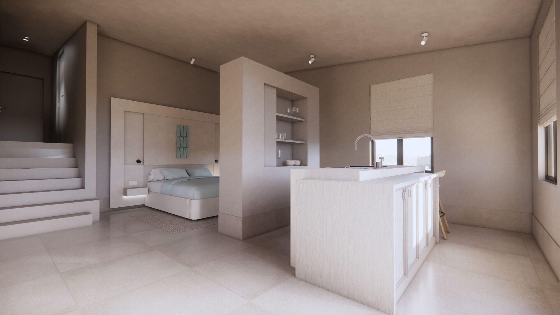 A modern interior with a central living area, a kitchen with a built-in island, and a bedroom with a built-in wardrobe.