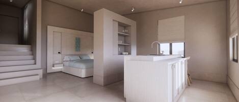 A modern interior with a central living area, a kitchen with a built-in island, and a bedroom with a built-in wardrobe.