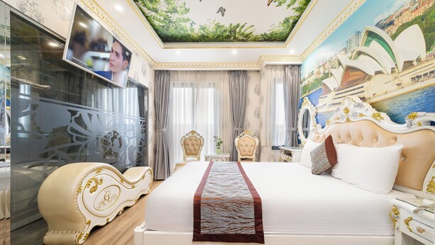 A luxurious hotel room with a large bed, ornate furniture, a ceiling mural, and a view of the Sydney Opera House. - Townhouse District 10 Near Children Hospital 1 (Ho Chi Minh Municipality)